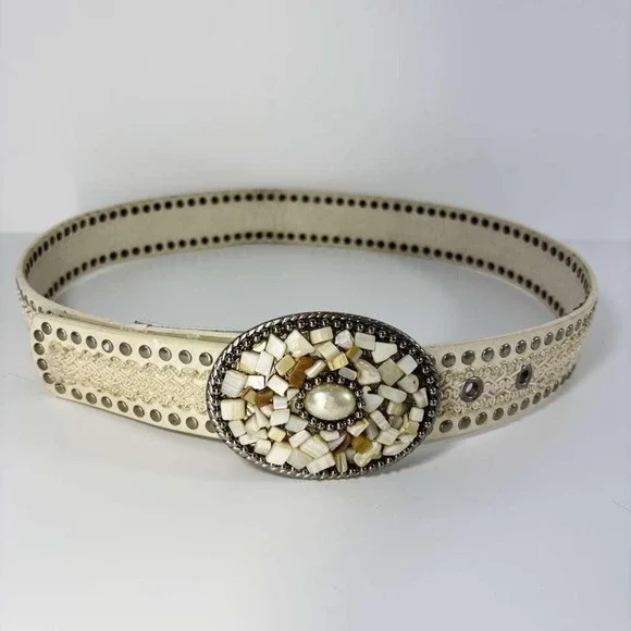 Vintage 80'S Custom Made Faux Mother Of Pearl /Seashell 36" Leather Belt /Buckle - Picture 2 of 7